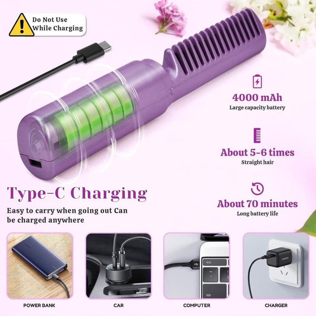 Portable Cordless Mini Hair Straightener – Rechargeable Hot Comb | Travel-Ready Styling Tool